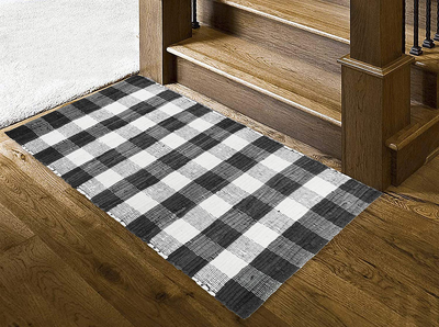 GLAMBURG Cotton Reversible Area Rug 3' x 5' Farmhouse Floor Mat, Handwoven Washable Carpet Checkered Plaid Rug for Front Porch Living Room Kitchen Bedroom - Blue White