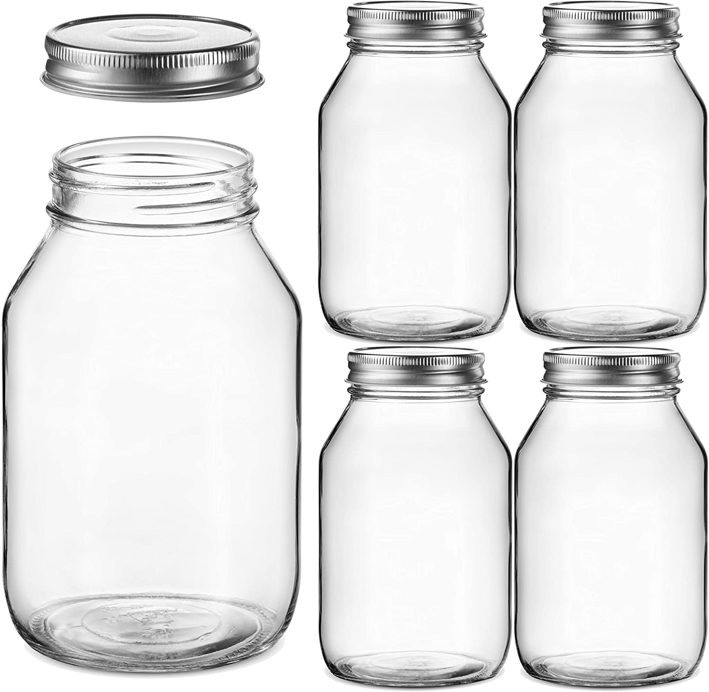 Glass Regular Mouth Mason Jars, Glass Jars with Silver Metal Airtight Lids for Meal Prep, Food Storage, Canning, Drinking, Overnight Oats, Jelly, Dry Food, Spices, Salads, Yogurt (5 Pack) (32 Ounce)