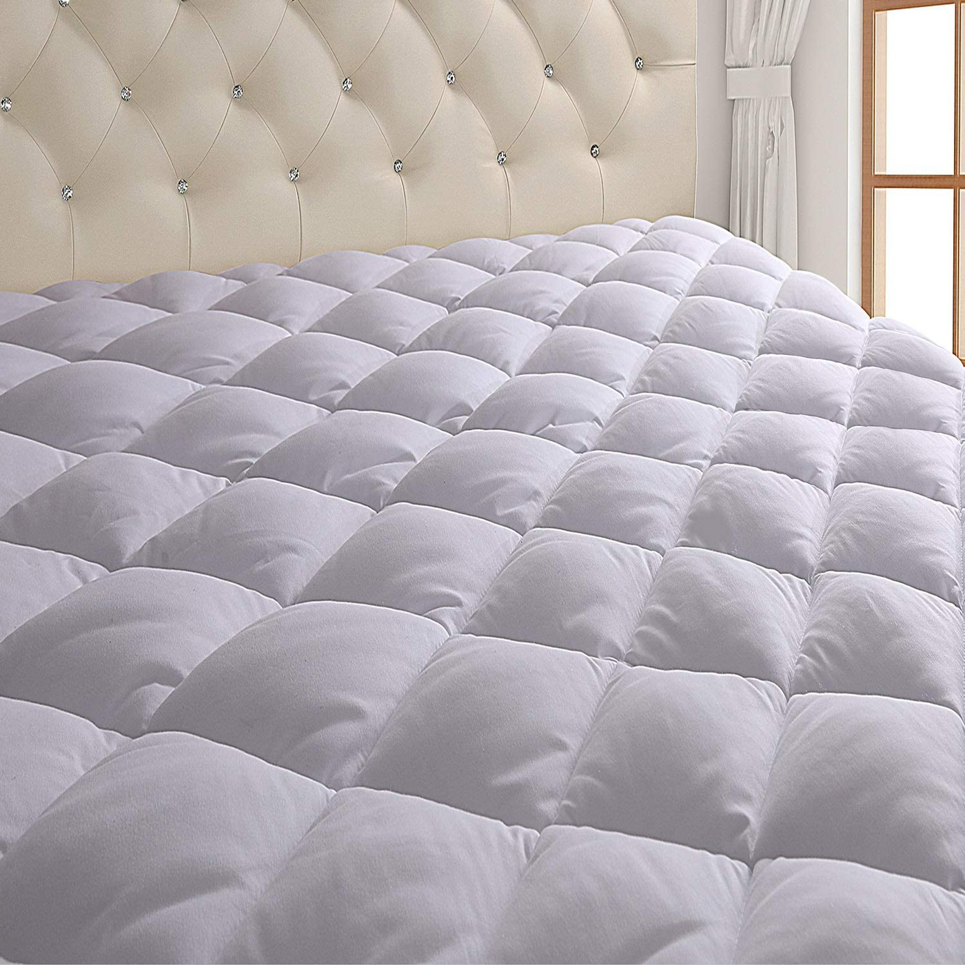 EcoMozz King Mattress Pad Stretches up to 8-21Inch Smooth Elastic Pocket(Without Noise) Premium Snow Alternative Fiber Fill Protection Pad
