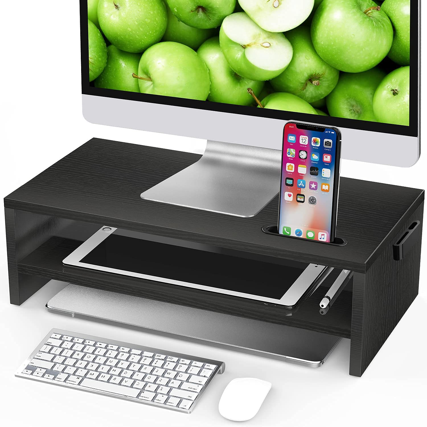 LORYERGO Monitor Stand - Monitor Riser 16.5 inch, 2 Tier Computer Stand, Monitor Stand Riser w/Cellphone Holder & Storage Space, Desk Stand for Laptop, Printer, PC, for Home & Office