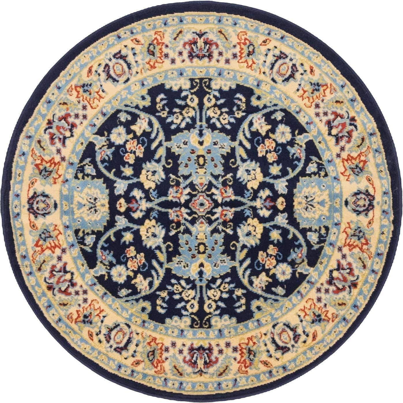 Unique Loom Kashan Traditional Floral Area Rug, 4 Feet, Navy Blue/Ivory