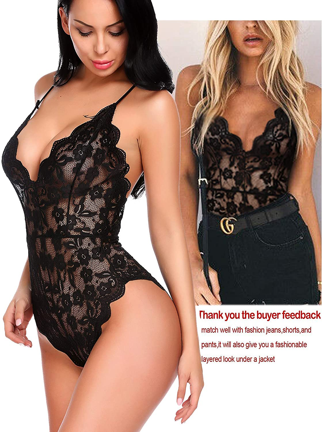 Avidlove Women One Piece Lingerie Deep V Teddy Sexy Lace Bodysuit