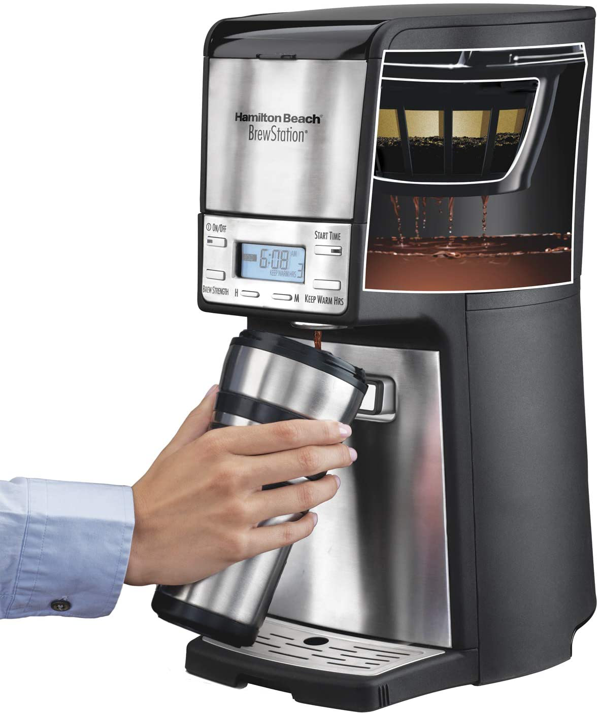 Hamilton Beach (48465) Coffee Maker with 12 Cup Capacity & Internal Storage Coffee Pot, Brewstation, Black & Stainless