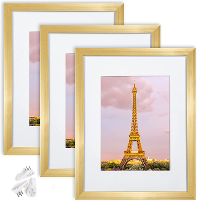 upsimples 8.5x11 Picture Frame Set of 3,Made of High Definition Glass for 6x8 with Mat or 8.5x11 Without Mat,Wall Mounting Photo Frame Gold