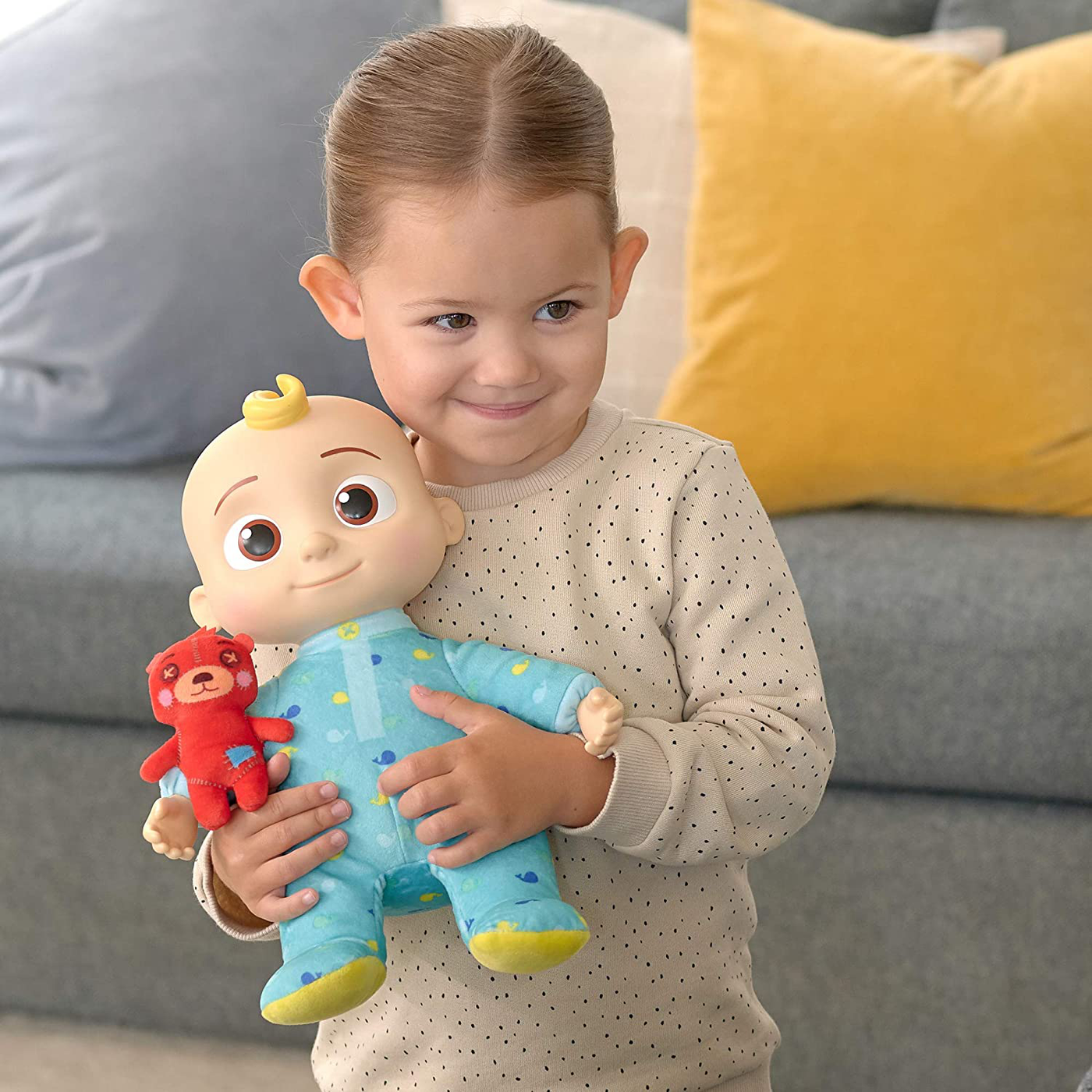 CoComelon Official Musical Bedtime JJ Doll, Soft Plush Body – Press Tummy and JJ sings clips from ‘Yes, Yes, Bedtime Song,’ – Includes Feature Plush and Small Pillow Plush Teddy Bear – Toys for Babies