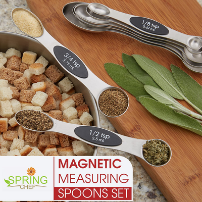 Spring Chef Magnetic Measuring Spoons Set, Dual Sided, Stainless Steel, Fits in Spice Jars, Pink Lemonade, Set of 8