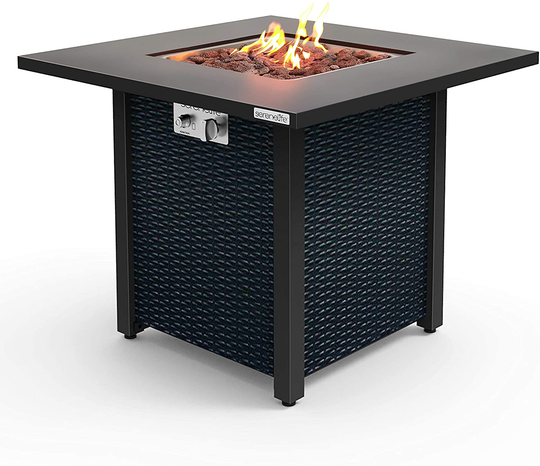 SereneLife Outdoor Pit CSA Approved Safe 40,000 BTU Pulse Ignition Propane Gas Fire Table Tabletop, Rattan-Look Steel Panel, 6.6 Lbs Decorative Lave Rock Set SLFPS3