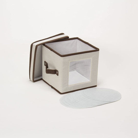 Household Essentials Natural 532 Dinnerware Box with Lid and Handles | Storage Bin for Dessert Plates or Bowls Canvas with Brown Trim