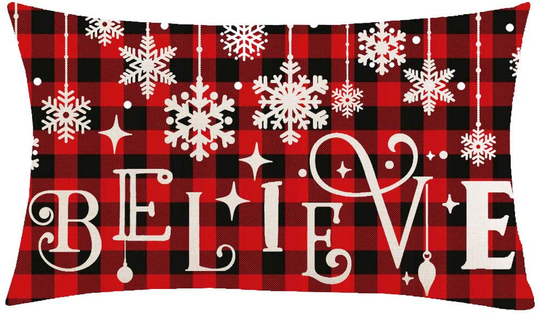 Jimrou Throw Pillow Cover 12x20inches Festival Gifts Merry Christmas Red Snowflakes Believe Happy New Year Cotton Linen Decorative Home Sofa Chair Car Lumbar Throw Pillow Case Cushion Cover