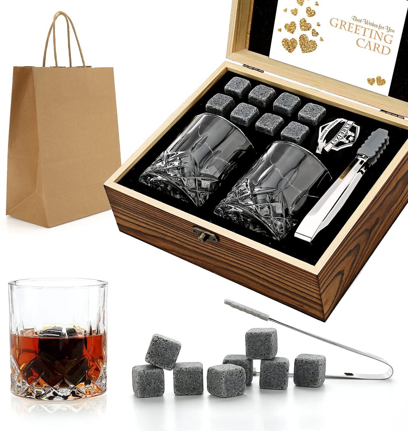 Whiskey Stones Gift Set - Whiskey Glass Set of 2 - Granite Chilling Whiskey Rocks - Scotch Bourbon Whiskey Glass Gift Box Set - Best Drinking Gifts for Men Dad Husband Birthday Party Holiday Present