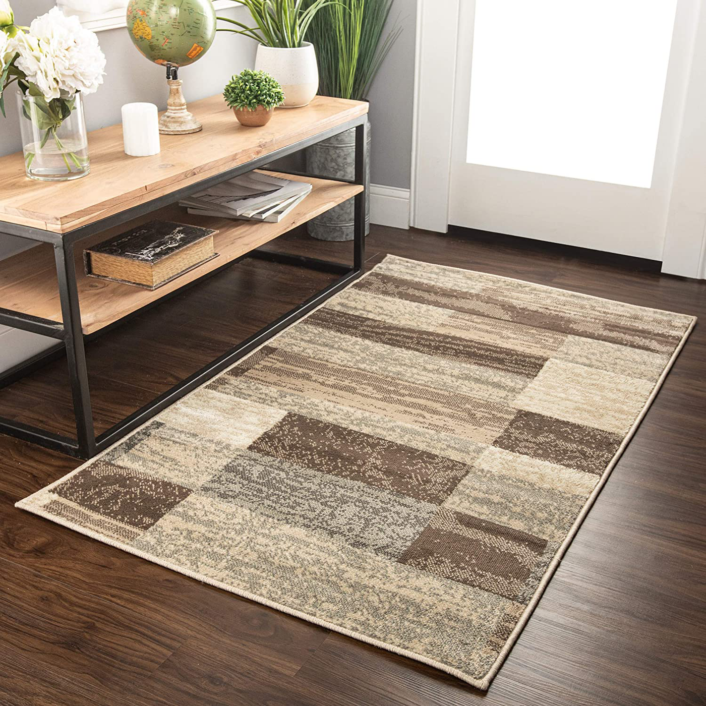 SUPERIOR Rockwood Modern Geometric Patchwork Polypropylene Indoor Area Rug or Runner with Jute Backing, 2' X 3', Slate