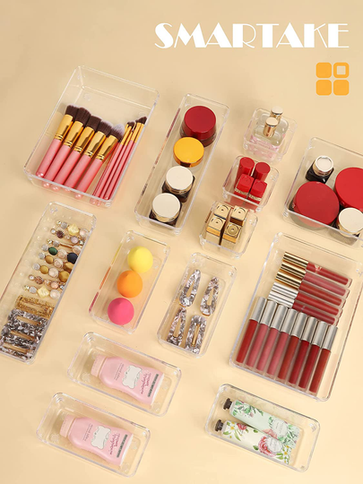 SMARTAKE 13-Piece Drawer Organizers with Non-Slip Silicone Pads, 5-Size Desk Drawer Organizer Trays Storage Tray for Makeup, Jewelries, Utensils in Bedroom Dresser, Office and Kitchen, Clear