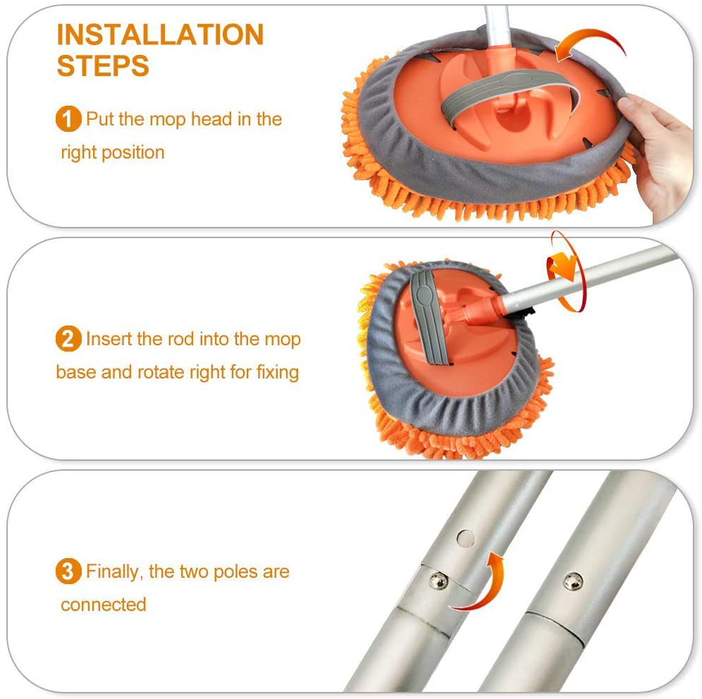 Buyplus Car Wash Brush with Long Handle - Multipurpose Car Cleaning Mop, Window Squeegee and Chenille Microfiber Mitt Set, 46in Adjustable Aluminum Long Handle, Vehicle Wash Brush Kit