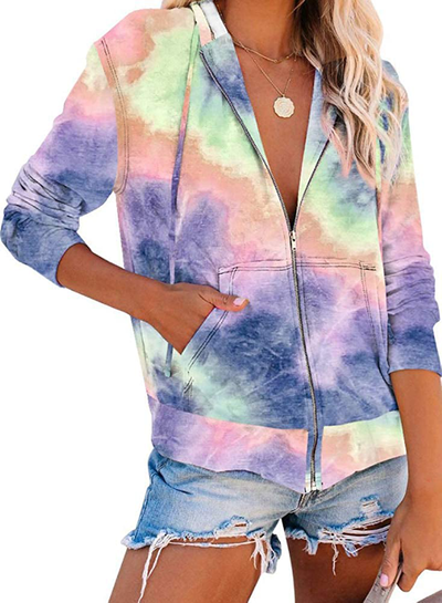 Women's Tie Dye Printed Zip Sweatshirts Long Sleeve Hoodies Pullover Top Casual Pullover Tops Shirts