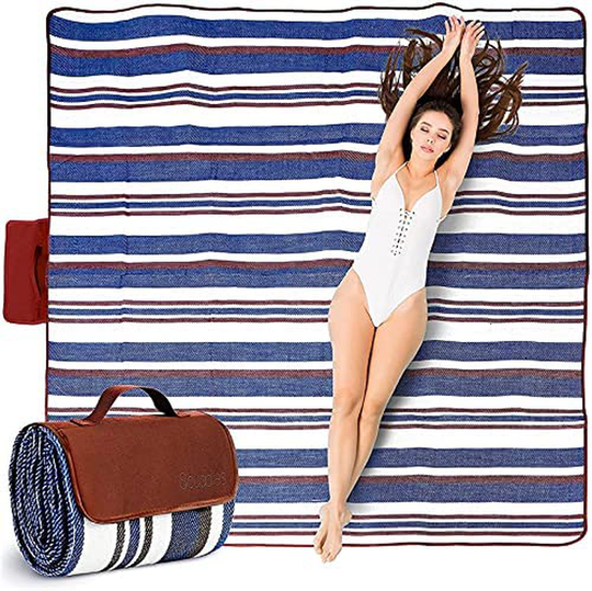 Extra Large Picnic Blanket Dual Layers for Outdoor Water-Resistant Handy Mat Tote Spring Summer Blue and White Striped for The Beach, Camping on Grass