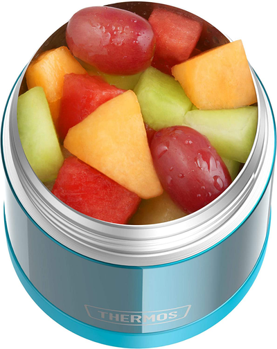 THERMOS FUNTAINER 10 Ounce Stainless Steel Vacuum Insulated Kids Food Jar with Folding Spoon, Grey And Aqua Waves
