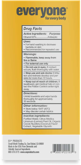 Everyone Hand Sanitizing Wipes: Coconut and Lemon, 30 Count- Packaging May Vary
