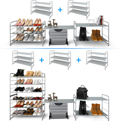 Simple Trending 3-Tier Stackable Shoe Rack, Expandable & Adjustable Fabric Shoe Shelf Storage Organizer,Silver