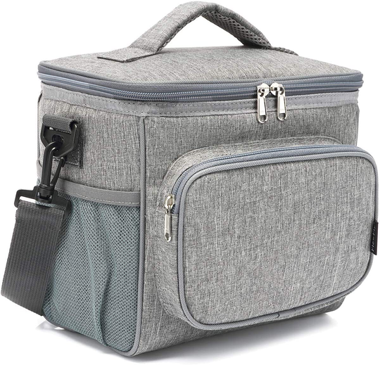 FlowFly Insulated Reusable Lunch Bag Adult Large Lunch Box for Women and Men with Adjustable Shoulder Strap,Front Zipper Pocket and Dual Large Mesh Side Pockets, Grey