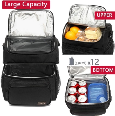 FlowFly Adult Lunch Bag Insulated 2 Roomy Compartment Thermal Lunch Box Large Reusable Double Decker Tote Cooler Bag with Detachable Shoulder Strap for Men Women kids,Black
