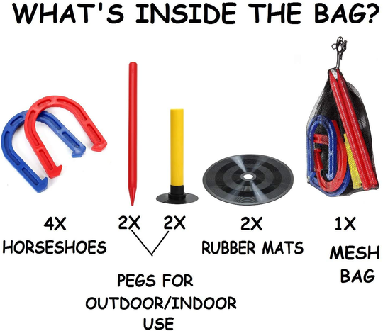 Win SPORTS Outdoor Indoor Rubber Horseshoes Set Includes 4 Horseshoes,2 Pegs,2 Rubber Mats,2 Red Plastic dowels,Beach Games Perfect for Tailgating,Camping,Backyard,Fun for Kids Adults