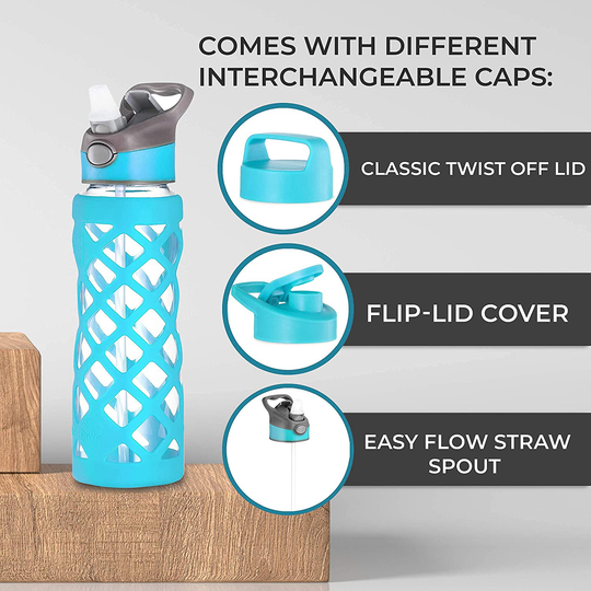 Clear Glass Bottles with Straw, 25 Oz Heat Resistant Glass Sports Bottles, Reusable Water Bottle, Tumbler with Silicone Sleeve, Blue by Swig Savvy