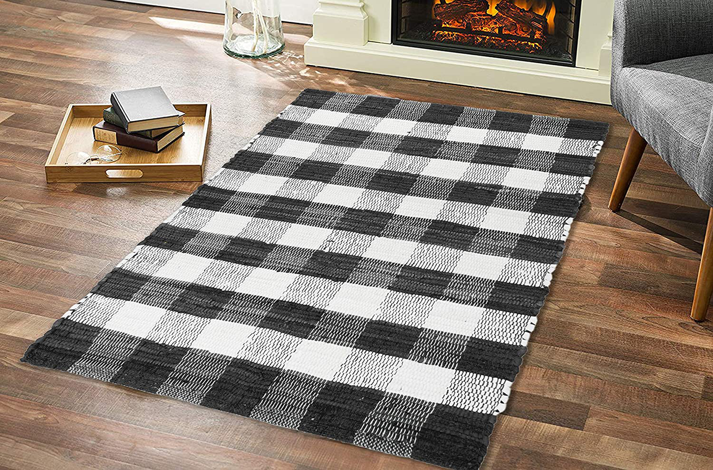 GLAMBURG Cotton Reversible Area Rug 3' x 5' Farmhouse Floor Mat, Handwoven Washable Carpet Checkered Plaid Rug for Front Porch Living Room Kitchen Bedroom - Blue White
