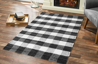 GLAMBURG Cotton Reversible Area Rug 3' x 5' Farmhouse Floor Mat, Handwoven Washable Carpet Checkered Plaid Rug for Front Porch Living Room Kitchen Bedroom - Blue White