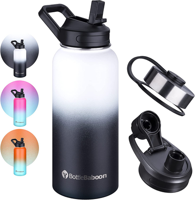 BottleBaboon Stainless Steel Water Bottles with Straw, 3 Lids, 32 Oz Insulated Water Bottle, Wide Mouth Sports Water Bottle, Double Wall Vacuum Water Bottles to Keep Liquids Hot or Cold (Gray&White)