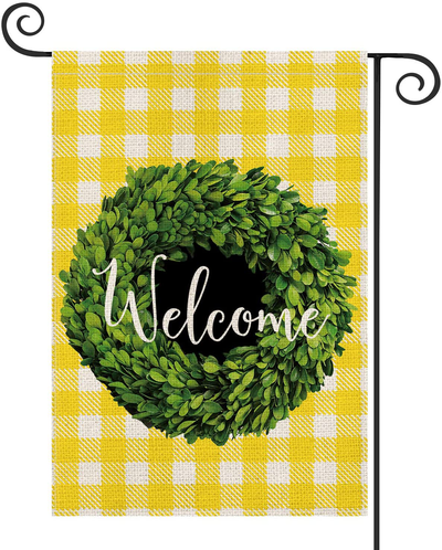 AVOIN Fall Boxwood Wreath Welcome Garden Flag Vertical Double Sided, Buffalo Check Plaid Rustic Farmhouse Flag Yard Outdoor Decoration 12.5 x 18 Inch