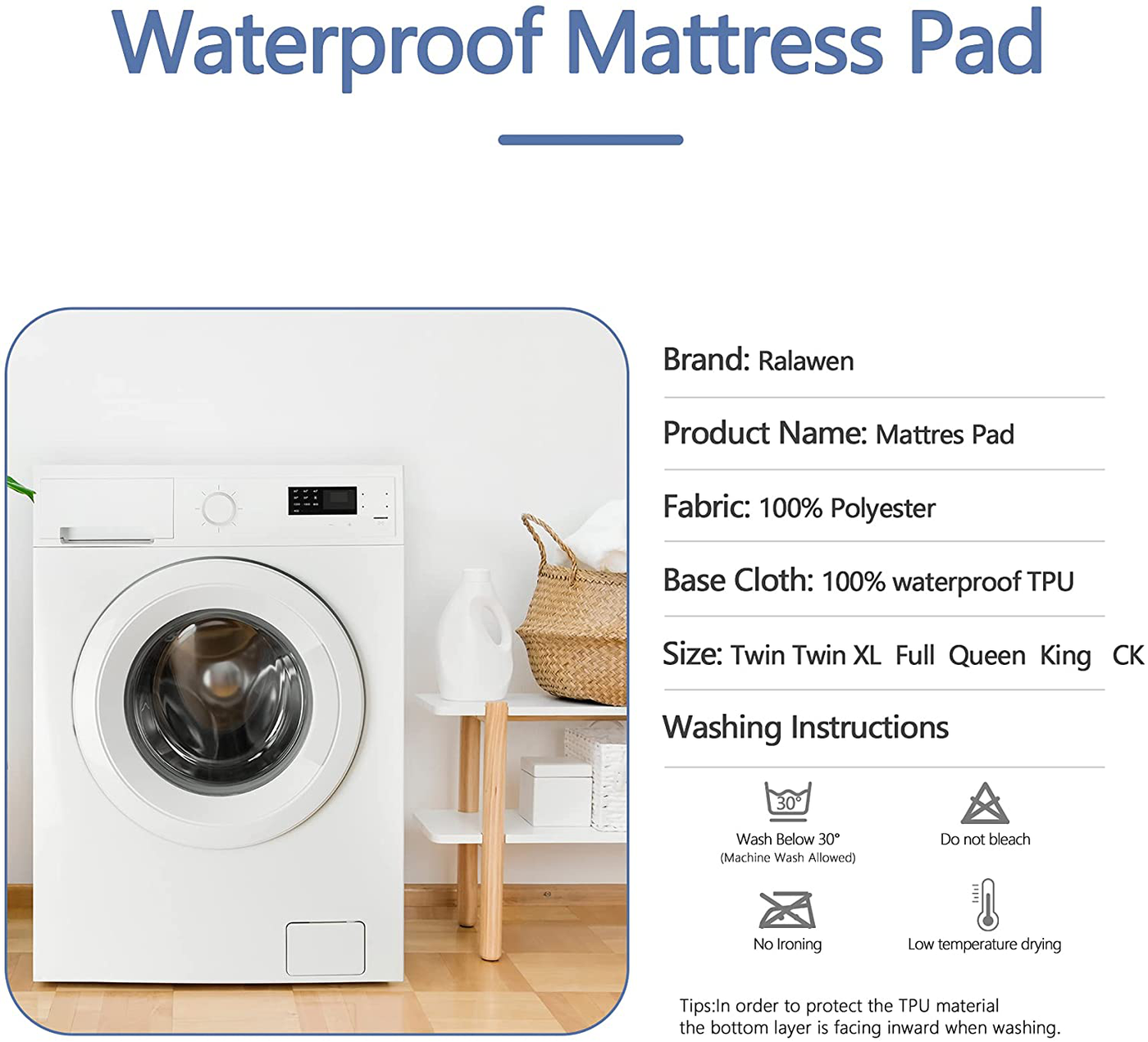 Ralawen Mattress Pad Full,100% Waterproof Mattress Cover, Breathable Noiseless Mattress Protector with 8-21" Deep Pocket