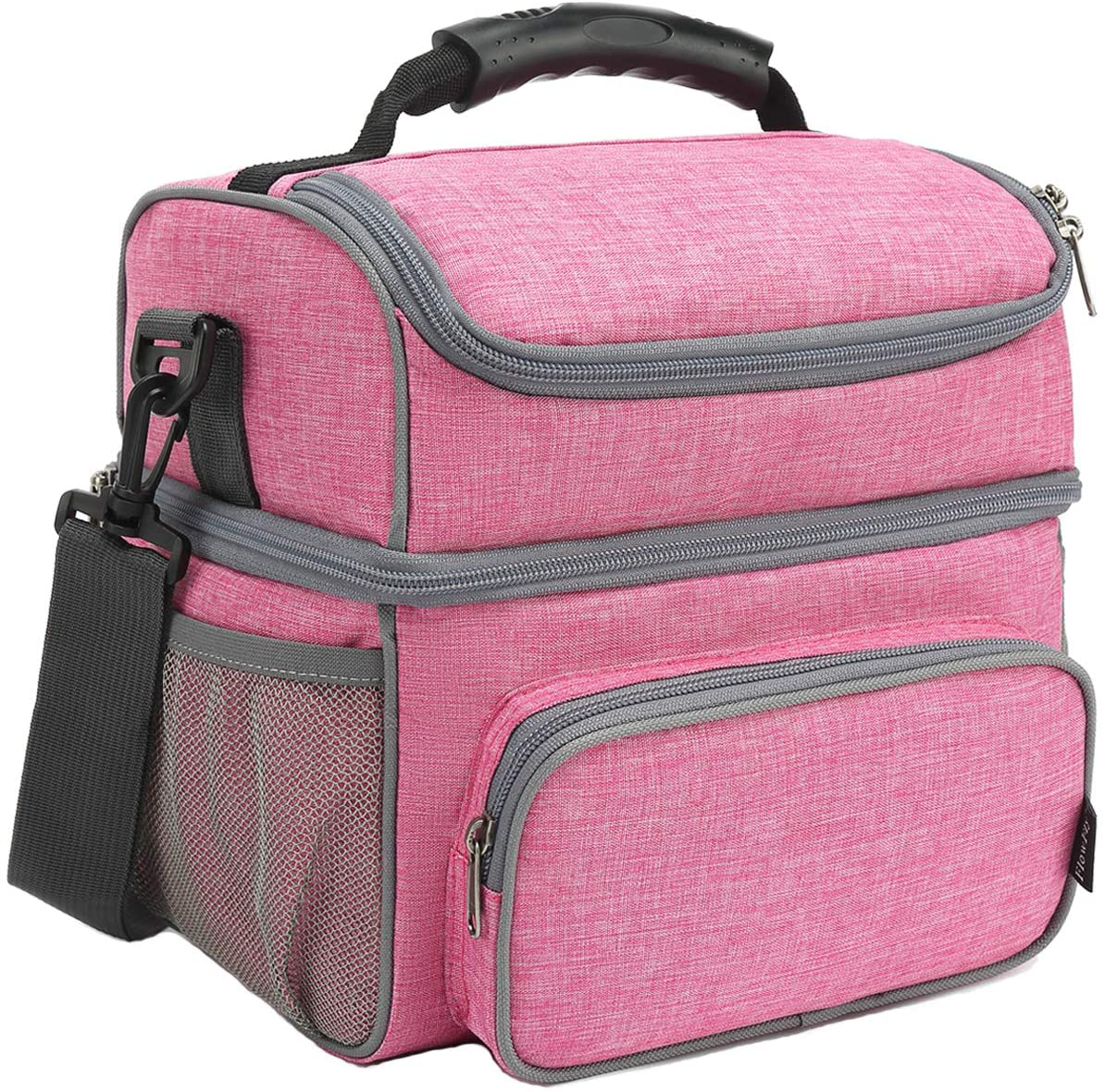 FlowFly Double Layer Cooler Insulated Lunch Bag Adult Lunch Box Large Tote Bag for Men, Women, With Adjustable Strap,Front Pocket and Dual Large Mesh Side Pockets,Pink