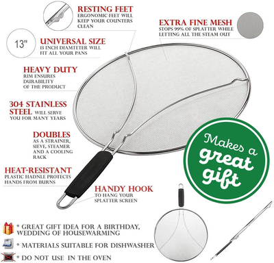 Grease Splatter Screen for Frying Pan 15" - Stops 99% of Hot Oil Splash - Protects Skin from Burns - Splatter Guard for Cooking - Iron Skillet Lid Keeps Kitchen Clean - Stainless Steel (15 inch)