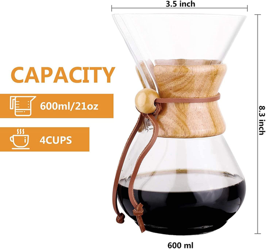 Pour Over Coffee Maker, Phyismor 34 oz Borosilicate Glass Carafe Manual Coffee Dripper Brewer with Real Wood Sleeve