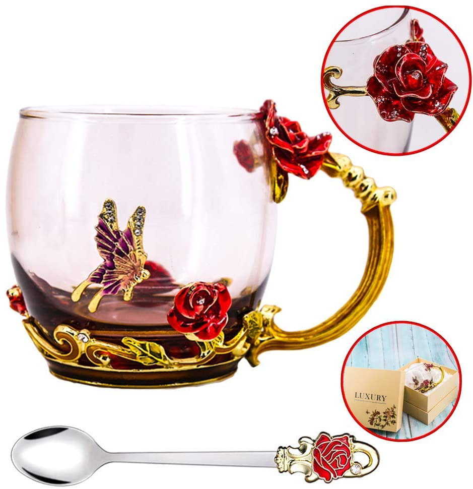 Luka Tech Enamels Butterfly flower Lead-free Glass Coffee Mugs Tea Cup with Steel Spoon, personalised Gifts For Women Wife Mom Friends Birthday Mothers Valentines Day Wedding (Blue-Tall)