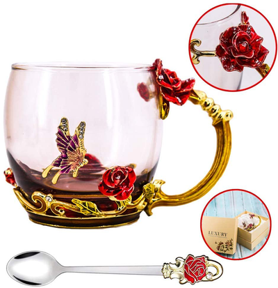Luka Tech Enamels Butterfly flower Lead-free Glass Coffee Mugs Tea Cup with Steel Spoon, personalised Gifts For Women Wife Mom Friends Birthday Mothers Valentines Day Wedding (Blue-Tall)
