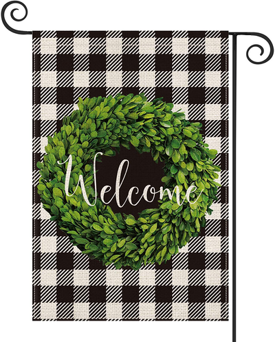 AVOIN Fall Boxwood Wreath Welcome Garden Flag Vertical Double Sided, Buffalo Check Plaid Rustic Farmhouse Flag Yard Outdoor Decoration 12.5 x 18 Inch