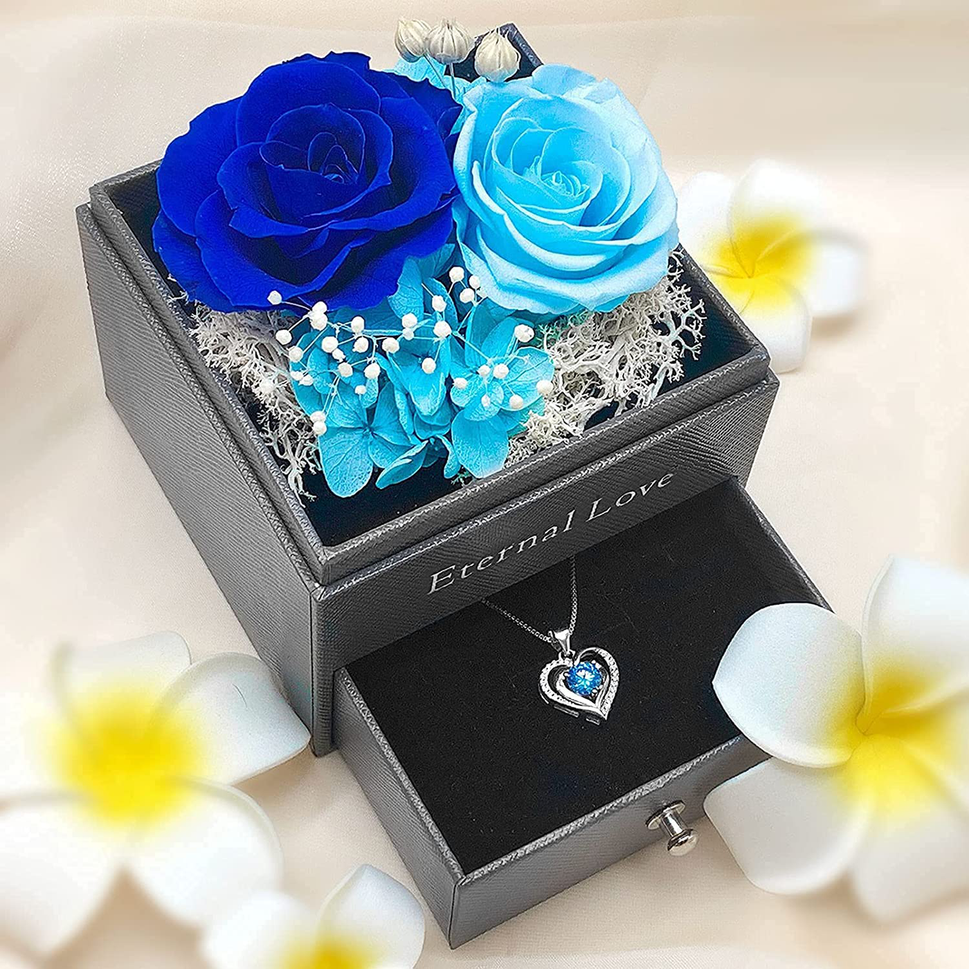 ATLYEROZ Eternal Rose with 14K Gold Plated Heart Necklace,Handmade Preserved Real Rose with Card Romantic Gift for Her,Girlfriend,Mother,Wife on Valentine's Day,Anniversary,Birthday,Xmas(Blue)
