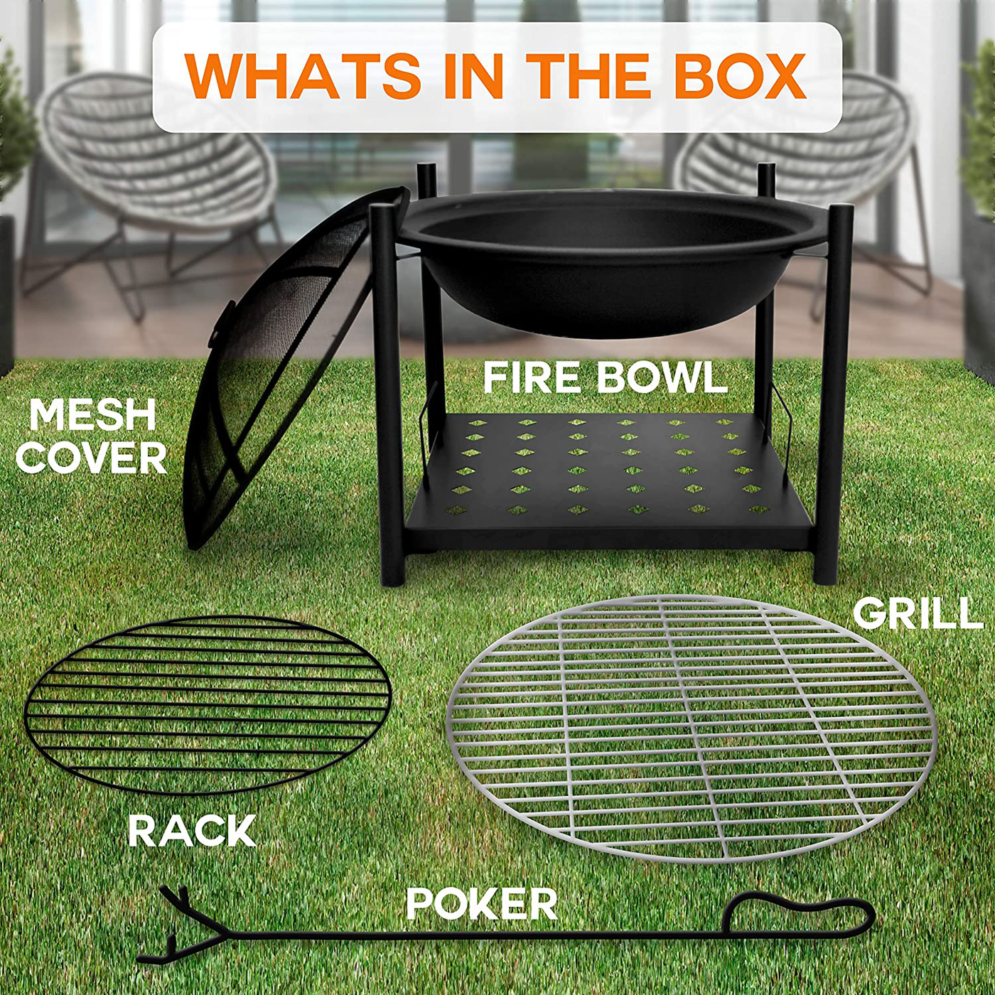 Portable Outdoor Wood Fire Pit - 2-in-1 Steel BBQ Grill 26" Wood Burning Fire Pit Bowl w/ Mesh Spark Screen, Cover Log Grate, Wood Fire Poker for Camping, Picnic, Bonfire - SereneLife SLCARFP54