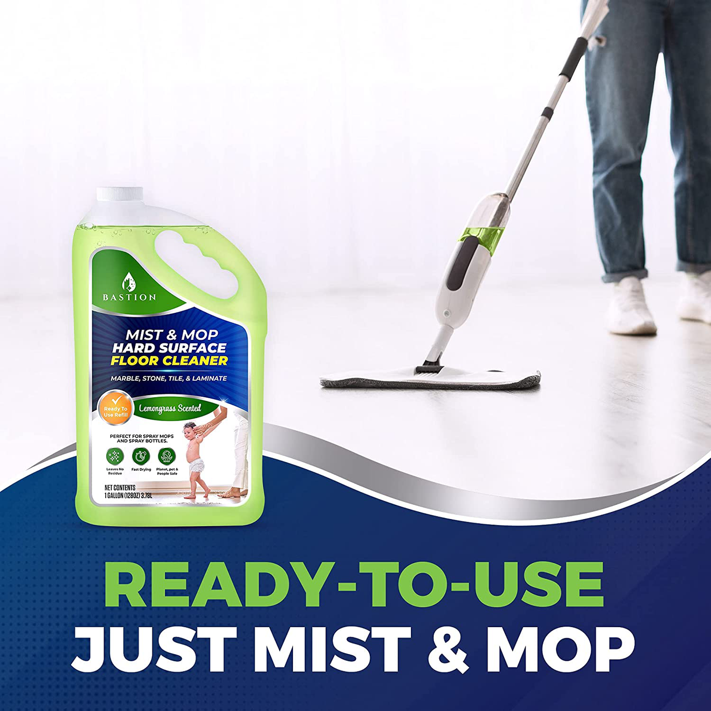 Hard Surface Floor Cleaner Solution - Ready-To-Use - Spray Mop Liquid for Marble, Stone, Granite, Tile, Vinyl, Laminate, Linoleum - Lemongrass, 1 Gallon Bottle