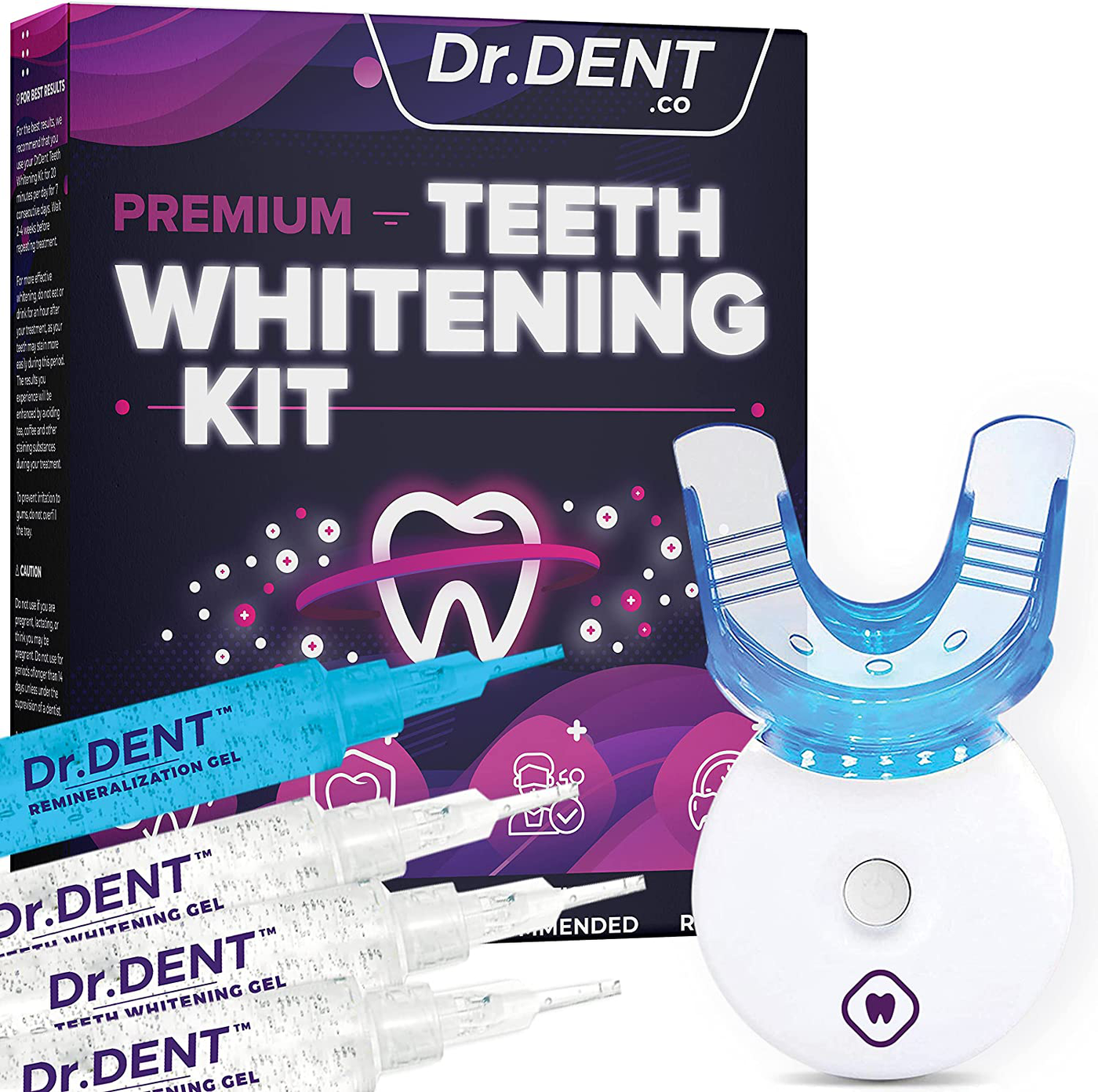 DrDent Premium Teeth Whitening Kit - LED Light, Carbamide Peroxide (3) 5ml Gel Syringes, (1) Remineralization Gel and Tray. Built-in 10-Minute Timer - Restores Your Gleaming White Smile