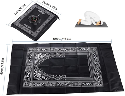 Travel Prayer Rug with Compass,Hitopin Pocket Size Praying Mat Portable Compass Qibla Finder with Booklet Waterproof Portable Black Color Best Islamic Gift for Muslim