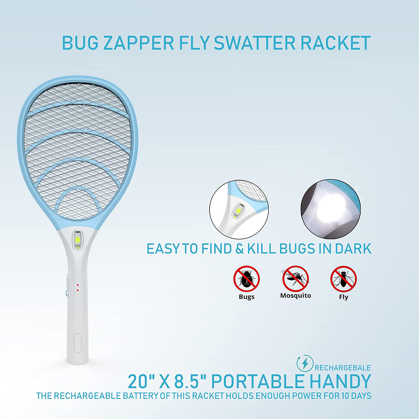 Rechargeable Electric Powerful Bug Zapper Fly Swatter Racket, Handheld Wasp Mosquitoes Flies Insects Killer Racquet for Indoor and Outdoor Pest Control Bat, eco Friendly Safe 4000 Volt, Blue/Gray