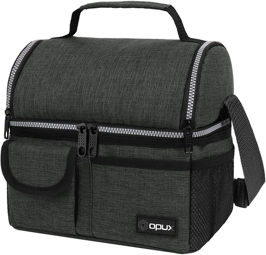 OPUX Insulated Dual Compartment Lunch Bag for Men, Women | Double Deck Reusable Lunch Pail Cooler Bag with Shoulder Strap, Soft Leakproof Liner | Large Lunch Box Tote for Work, School (Charcoal)
