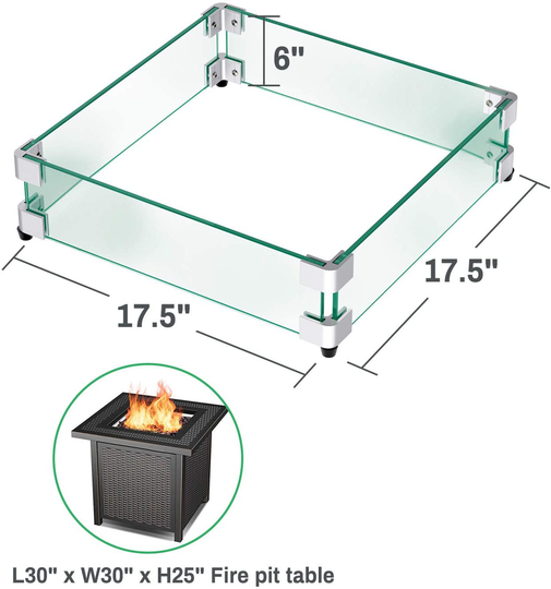 GASPRO 19.5 Inch Square Fire Pit Wind Guard for 28-32 Inch Fire Table and 14 Inch Drop-in Fire Pit Burner Pans, Clear Tempered Glass, 5/16 Inch Thick