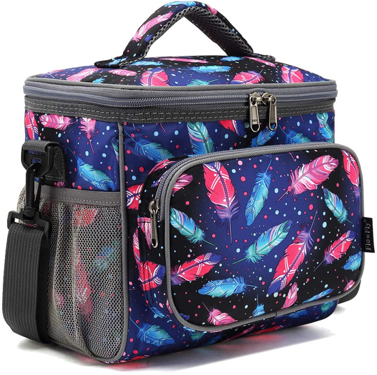 FlowFly Insulated Reusable Lunch Bag Adult Large Lunch Box for Women and Men with Adjustable Shoulder Strap Front Zipper Pocket and Dual Large Mesh Side Pockets, Colorful Feather