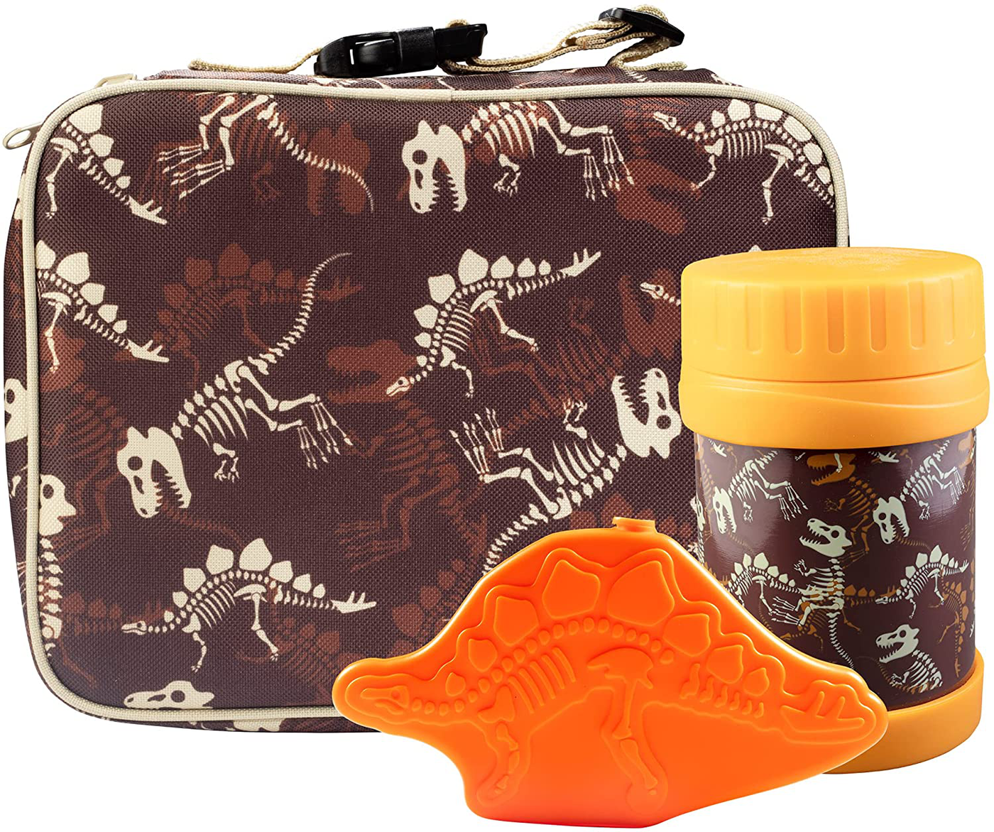 Bentology Kids Lunch Bag Set (Dinosaurs) w Reusable Hard Ice Pack and Double-Insulated Food Jar - Perfect Lunchbox Kits for Boys and Girls Back to School
