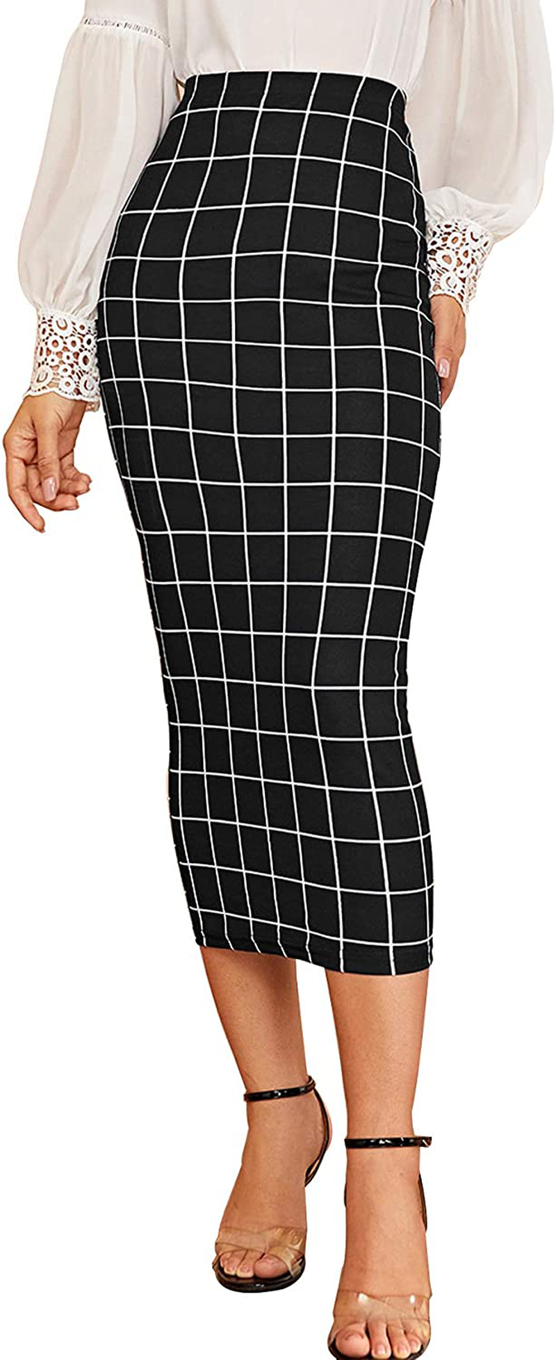 Verdusa Women's Elegant Plaid Elastic Waist Bodycon Midi Skirt