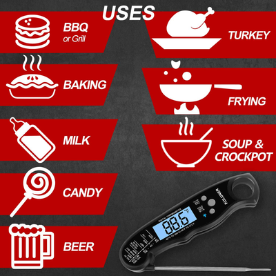 KULUNER TP-01 Waterproof Digital Instant Read Meat Thermometer with 4.6” Folding Probe Backlight & Calibration Function for Cooking Food Candy, BBQ Grill, Liquids,Beef（Red）