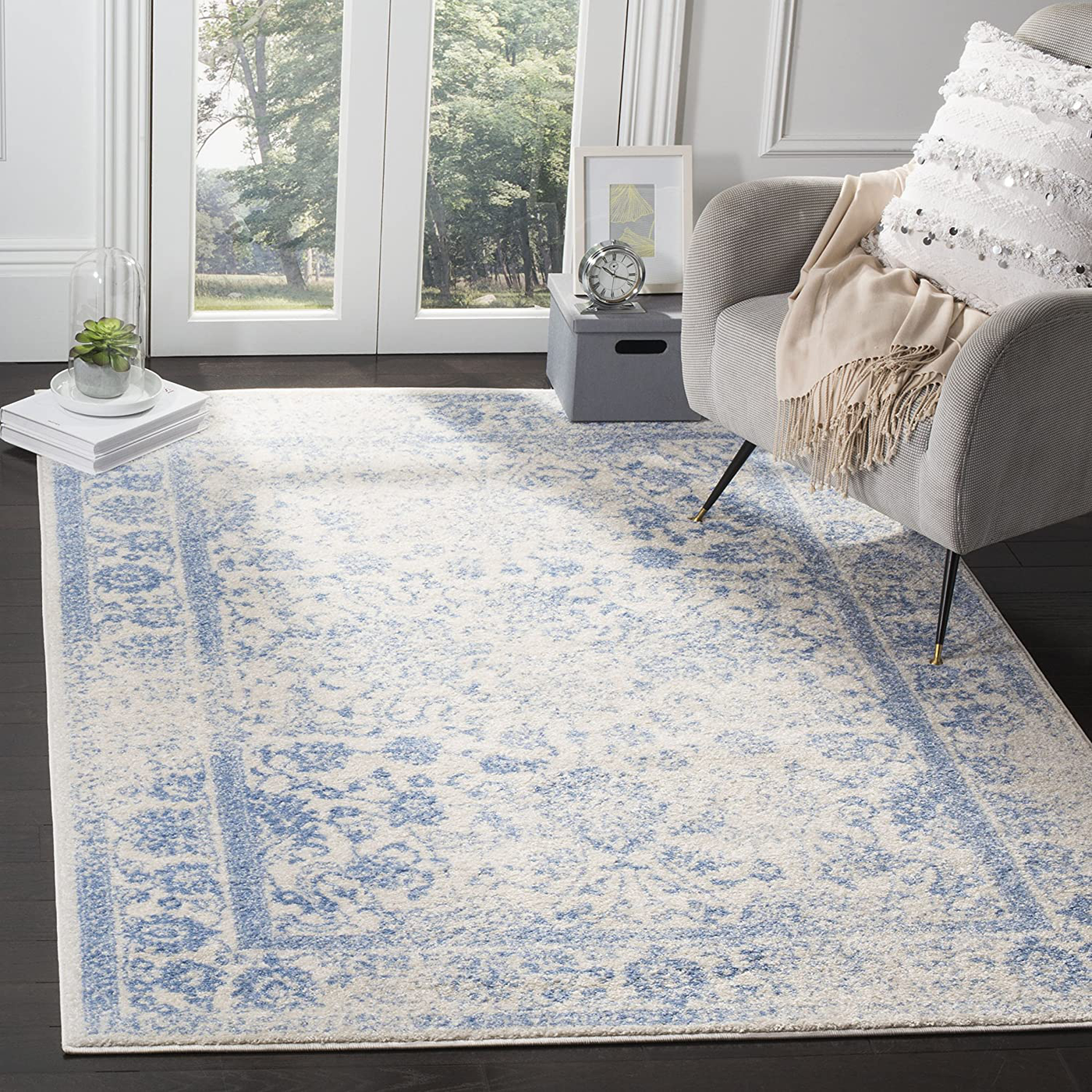 Safavieh Adirondack Collection ADR109L Oriental Distressed Non-Shedding Living Room Bedroom Accent Area Rug, 4' x 6', Ivory / Light Blue